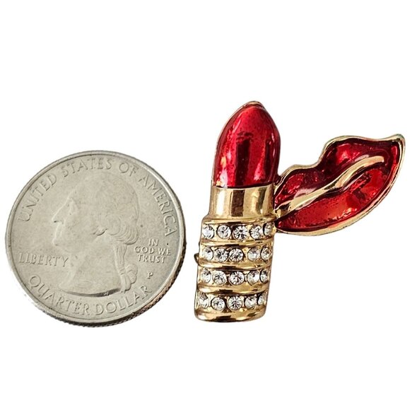 Gold Tone Clear Rhinestone Red Enamel Lipstick Lips Pin Brooch L185 - Picture 5 of 7